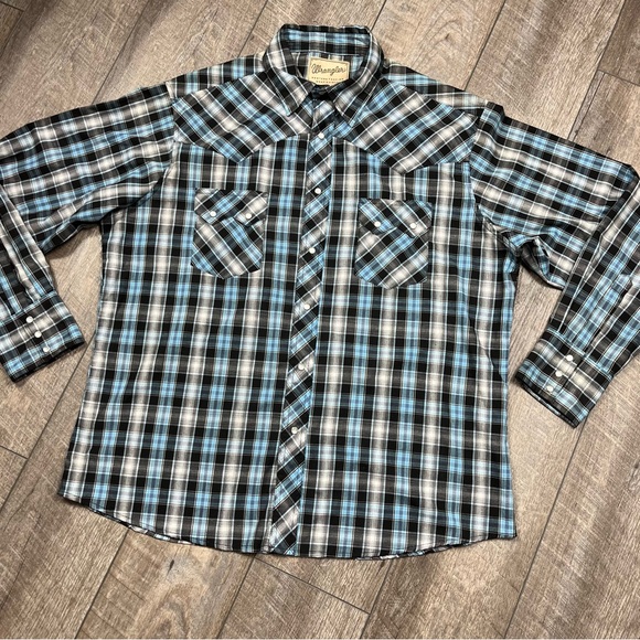 Wrangler Western Fashion Snap Shirt Men's Casual Plaid Shirt - Blue and Black - Picture 1 of 12